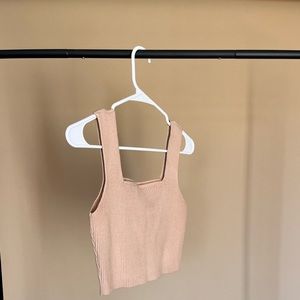 Beige square neck sleeveless solid ribbed knit crop top tank